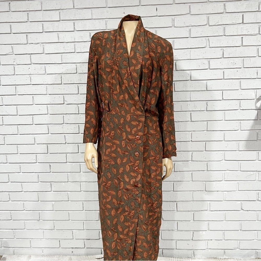 August Silk Brown Leaf Print 100% Silk Maxi Dress Shawl Collar Boho Fall Size 12